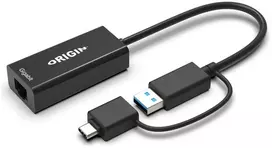Origins Origin Storage USB3.0 arba USB-C (su USB-C vyrišku į USB3.0 moterišką adapteriu) į RJ45 Gigabit adapteris, USB3.0/USB-C, RJ45, juodas