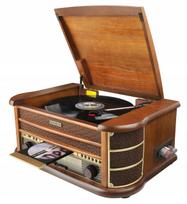 Patefonas su vinilinių plokštelių adapteriu, FM radiju, kasečių, CD, MP3, USB, AUX palaikymu ir nuotolinio valdymo pultu