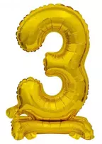 Skaičius B&C Gold Auksinis mini folijos balionas su skaičiumi 3 su pagrindu 38 cm