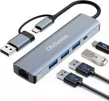 Obllemn USB-C šakotuvas su Gigabit Ethernet RJ45 ir 3 USB 3.0 jungtimis, USB ZU RJ45