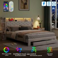 Minkšta lova iš aksomo su LED apšvietimu, USB jungtimis ir stalčiais, 160×200 cm, smėlio spalvos
