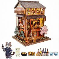 Pixie Curio Cherry Blossom Season Limited Dollhouse Miniature Wooden DIY Yakitori Restaurant with Cat LED Book Color Instructions Perfect Gift for black