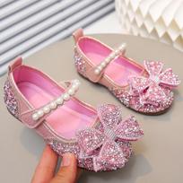 Little Girl's Fairy Style Pearl Rhinestone Bow Flats - Soft Sole Summer Fashion Banquet Shoes 22/14cm length rožinė