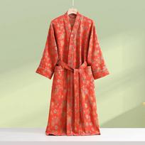 Gėlėtas medvilninės marlės kimono chalatas moterims, laisvas namų chalatas, miego drabužiai, pavasario vasaros naktiniai drabužiai M raudona