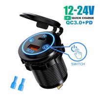 USB tipo C dviejų jungčių automobilinio motociklo valties įkroviklio lizdas QC 3.0 PD greito įkrovimo automatinis maitinimo adapteris su įjungimo / išjungimo jungikliu 12–24 V universali mėlyna šviesa PD30W+QC3.0 mėlyna
