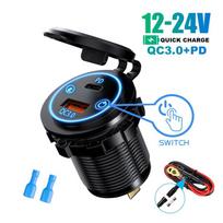 USB tipo C dviejų jungčių automobilinio motociklo valties įkroviklio lizdas QC 3.0 PD greito įkrovimo automatinis maitinimo adapteris su įjungimo / išjungimo jungikliu 12–24 V universali mėlyna šviesa PD30W+QC3.0 with Wire mėlyna