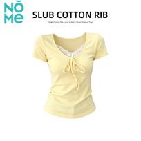 NOMe Women's Lace Spliced Tie-Up V-Neck Slim Fit T-Shirt M kreminė
