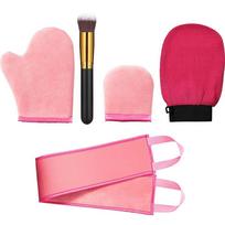 5 dalių savaiminio įdegio pirštinių aplikatoriaus rinkinys apima nugaros losjoną su šveičiamuoju mini veido įdegio šepetėliu pink