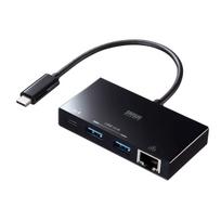 Sanwa Supply USB Hub with LAN Adapter Function USB 2 USB 1 Type-C (1 Type-C, A, RJ-45 Port) USB-3TCH20BK black