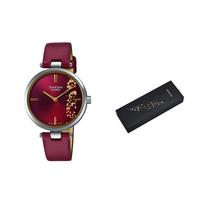 Casio SHEEN gold foil ultra-thin simple quartz movement leather strap Japanese and Korean watch women's watch red dial SHE-C100L-4AUPFJD raudona