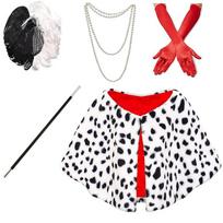 Helovino raganos ir Cruella dalmatinų kostiumas: Šalikas-apsiaustas, Perukas, Pirštinės, Karoliai ir Suknelė One Size red