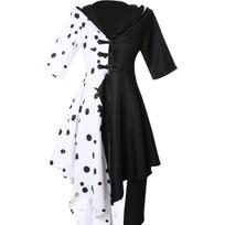 Helovino raganos ir Cruella dalmatinų kostiumas: Šalikas-apsiaustas, Perukas, Pirštinės, Karoliai ir Suknelė One Size black