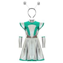 Vaikų Mergaičių Ateivio Cosplay Kostiumas 3 dalių rinkinys Kosminė suknelė su rankovėmis ant rankų Plaukų lankelis Aksesuarai Helovino linksmybėms 7-8 Years sidabras/žalia