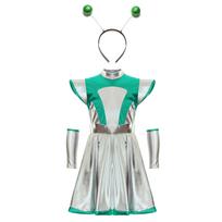 Vaikų Mergaičių Ateivio Cosplay Kostiumas 3 dalių rinkinys Kosminė suknelė su rankovėmis ant rankų Plaukų lankelis Aksesuarai Helovino linksmybėms 11-12 Years žalia