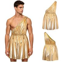 Vyriškas senovės graikų romėnų metalinis blizgus togos kostiumas, vieno peties, elastingu juosmeniu tunikos suknelė Helovino, Cosplay, mitologijos tematikos vakarėliui M auksas
