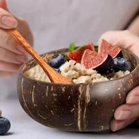 Natūralus kokoso kevalo dubuo, medinis šaukštas ir dubuo rinkinys, jogurto dubuo vaisių salotoms pieno kokteiliui virtuvės indai 1PC Bowl+1PC Spoon brown