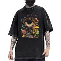 Psichodelinis Akių Grybo Spaudinys Marškinėliai Unisex Skalbti Juodi Oversized Marškinėliai Y2K Streetwear Marškinėliai Estetiški L black