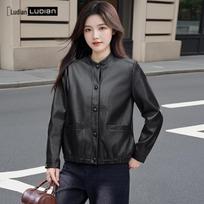 Women's Vintage Round Neck PU Leather Jacket 185/104A juoda