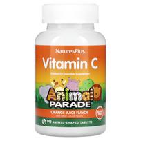 NaturesPlus, Animal Parade, vaikams skirtas kramtomas vitamino C papildas, apelsinų sulčių skonio, be cukraus, 90 gyvūnėlių formos tablečių