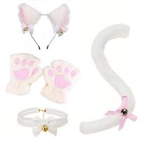 Helovino Katės Cosplay Rinkinys: Ausys, Chokeris, Letenų Pirštinės & Uodega vakarėliui white