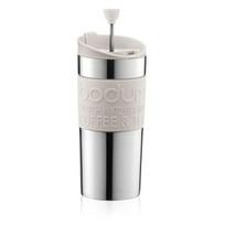 BODUM TRAVEL PRESS Rinkinys Kelioninis Presas Prancūziškas Kavos Aparatas (Dangtelis puodeliui įtrauktas) Nerūdijančio plieno 350 ml, nebaltas [Originalus produktas] K11067-913 white