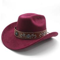 Retro style suede western cowboy hat woolen jazz top hat men and women's ethnic style autumn and winter felt hat big eaves hat M（56-58cm） black