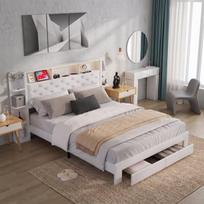 Aksominė dvigulė lova 140x200 cm su LED, USB, stalčiais ir daiktadėže galvūgalyje, smėlio spalvos