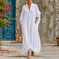 Women's Linen Dress with V-Neck Long Sleeve Hem Casual Loose Fit M balta