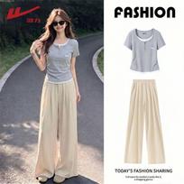 Warrior U-Neck Faux Two-Piece Tee & Wide-Leg Pants Set S1 gray