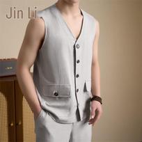 Men's Chinese Style Cotton Linen Button-Up Vest L white