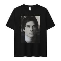 Damon Salvatore Ian Somerhalder TV laidos marškinėliai moterims Vasariniai viršutiniai drabužiai Marškinėliai apvalia kaklo iškirpte Moteriški drabužiai Marškinėlis M gray