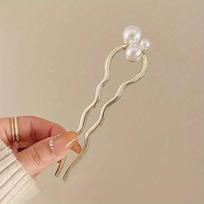 Chinese Style Faux Pearl Wave U-shaped Hairpin, Metal Golden Hair Stick, Bun Headwear auksinė