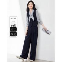 Fashion Spliced Shirt & Vest Wide-Leg Pants Set L džinsinio mėlyna spalva