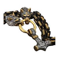 Men Necklace Retro Nordic Viking Style Hammer Wolf Head Pendant Amulet Thick Chain Symbol of Strength Protecting Adult Necklace Birthdays Weddings B black