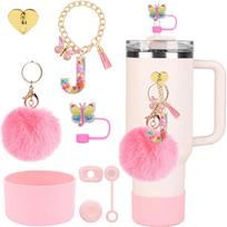 8pcs Accessories Set for Stanley Cup Initials Silicone Straw Cover and Boot Cute Letter Charms for 40oz 30oz Tumbler with Handle white