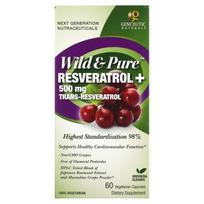 Genceutic Naturals, laukinis ir grynas resveratrol+, 500 mg, 60 daržovių kapsulių
