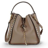 Genuine Leather Bucket Bag With Texture Rivet Detail Soft Shoulder Women Daily Use Small chaki