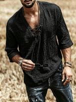 Men's Lace-Up V-Neck Shirt with 3/4 Sleeves and Relaxed Fit - Lightweight Textured Casual Top for Summer Beach Vacation and Everyday Wear XL juoda