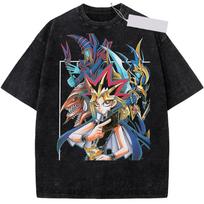 Anime Yu Gi Oh Yami Yugi Dark Magician Print Washed T-shirt Men Women Cotton Clothing Retro Washed T Shirt Harajuku Tops Tshirts 3XL gray