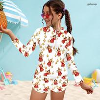 Girls Christmas Printed Long Sleeve Front Zip Top And Shorts Two Piece Swimsuit Set 130 white