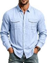 Men's Textured Long Sleeve Button-Down Shirt with Dual Flap Chest Pockets - Casual Relaxed Fit Top for Everyday Wear and Vacation. S mėlyna