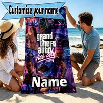 Custom Name Personalized Grand Theft Auto VI Print Beach Towel, for Trip Camping Beach Party Home Decor, Birthday Gift for Family & Friends 70cmx140cm(27x55inch) black