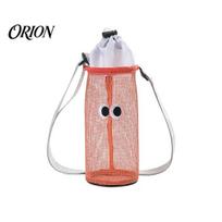 Breathable Mesh Bottle Carrier Drawstring Crossbody Cup Holder, Adjustable Strap Water Portable Bag Bag, Cute Cartoon Pattern Pouch for Outdoor Hiking raudona