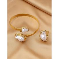 Baroque Pearl Jewelry Set With Snake Chain Adjustable Cuff Bracelet Ring Alloy Fashion Accessory Women GT Pearl Bracelet Ring brown