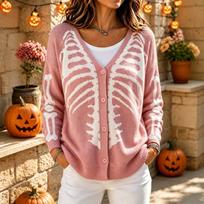Women's Funny Skeleton Ribcage Print Fashion Sweater Top for Halloween and Winter XXL rožinė