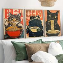 3pcs/set Black Cat and Frog Eating Ramen Weird Kitchen Canvas Print Japanese Retro Food Wall Art Poster for Cafe Bar Home Decor 50x70cm Unframed