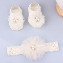 Newborn Bows Pearl Lovely Baby Girl Headband Socks Set Lace Flower Baby Hair Band Turban Little Girls Hair Accessories Style 3 white