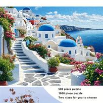 Santorinis Graikija Mėlynas kupolas Balti namai Pajūrio kaimas Gobelenas Kelionės Sienos menas Svetainės dekoras Viduržemio jūros fono spaudinys 150X180CM