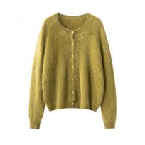 2026 Autumn/Winter 100% Cashmere Round Neck Pearl Button Brushed Knit Cardigan Sweater Large beige