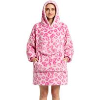 Thick Flannel Wearable Blanket Hoodie, Pullover Hooded Blanket Sweatshirt for Cozy Warm Lounging One Size pink